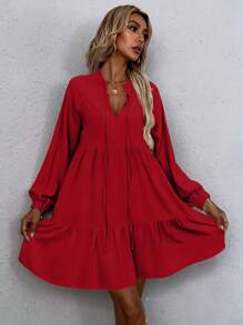 SHEIN LUNE 女士纯色系带领灯笼袖休闲宽松娃娃裙春夏新年家居服 - 紅色 - 查看 5