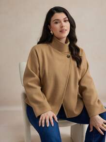 BizChic 大码纯色针织立领长袖夹克秋季女装冬季女装冬季夹克 - 卡其色 - 查看 5