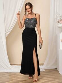 SHEIN Belle 女式亮片拼接高开叉细肩带礼服 - 黑色 - 查看 4