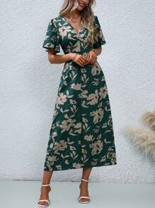 SHEIN LUNE 女士 V 领短袖全身印花开衩优雅优雅中长连衣裙长款女装 - 彩色 - 查看 5