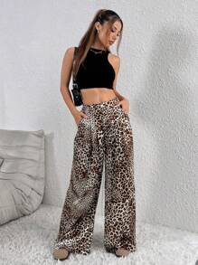 SHEIN Unity Women's Leopard Print Wide Leg Loose Pleated Casual Pants Fall Cloth For Women - Multicolor - View 7