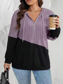 INAWLY Plus Size Color Block Half Zip Ribbed Hooded Sweatshirt , Graduation, Teachers For Women, Back To School Pullover Fall Winter Autumn - Purple - View 5