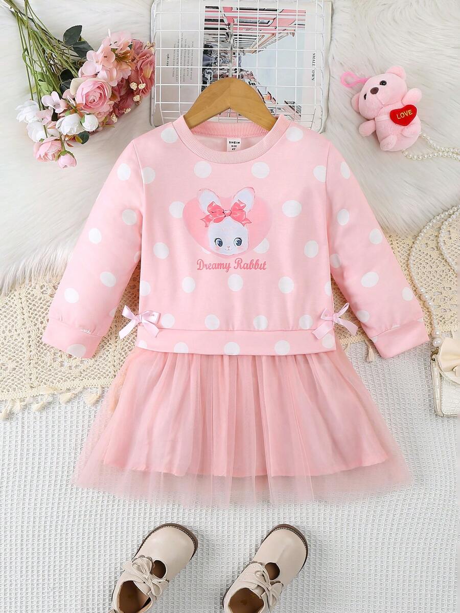 SHEIN Glamorique Kids 小女孩波点连衣裙2024新款儿童公主裙小女孩优雅休闲连衣裙春秋 - 粉色 - 查看 1