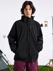 In My Nature Men's Front Zip Up Letter Print Casual Outdoor Hooded Jacket - Black - View 1