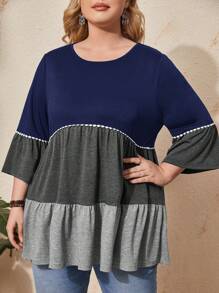 EMERY ROSE Plus Size Women Summer Contrast Color Round Neck Short Sleeve Loose Ruffle Trim T-Shirt