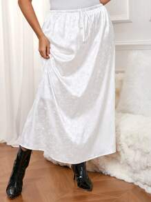 SHEIN Frenchy Plus Size Elegant Floral Jacquard Skirt, Spring Autumn - White - View 3
