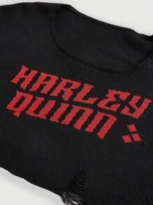 Harley Quinn | ROMWE Letter Pattern Striped Distressed Pullover Sweater For Women - Multicolor - View 3