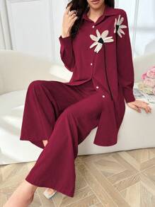 Mulvari Bộ 2 chiếc áo cánh dài tay cài nút họa tiết hoa thời trang xuân/hè cho nữ và quần thường ngày - Đỏ - Xem 1