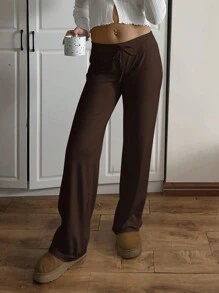 SHEIN EZwear 纯色休闲抽绳腰阔腿瑜伽裤，适合休闲，秋季 - 巧克力棕 - 查看 4