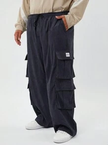 Manfinity NXTstreet Plus Size Men's Casual Corduroy Mid-Waist Drawstring Multi-Pocket Cargo Pants