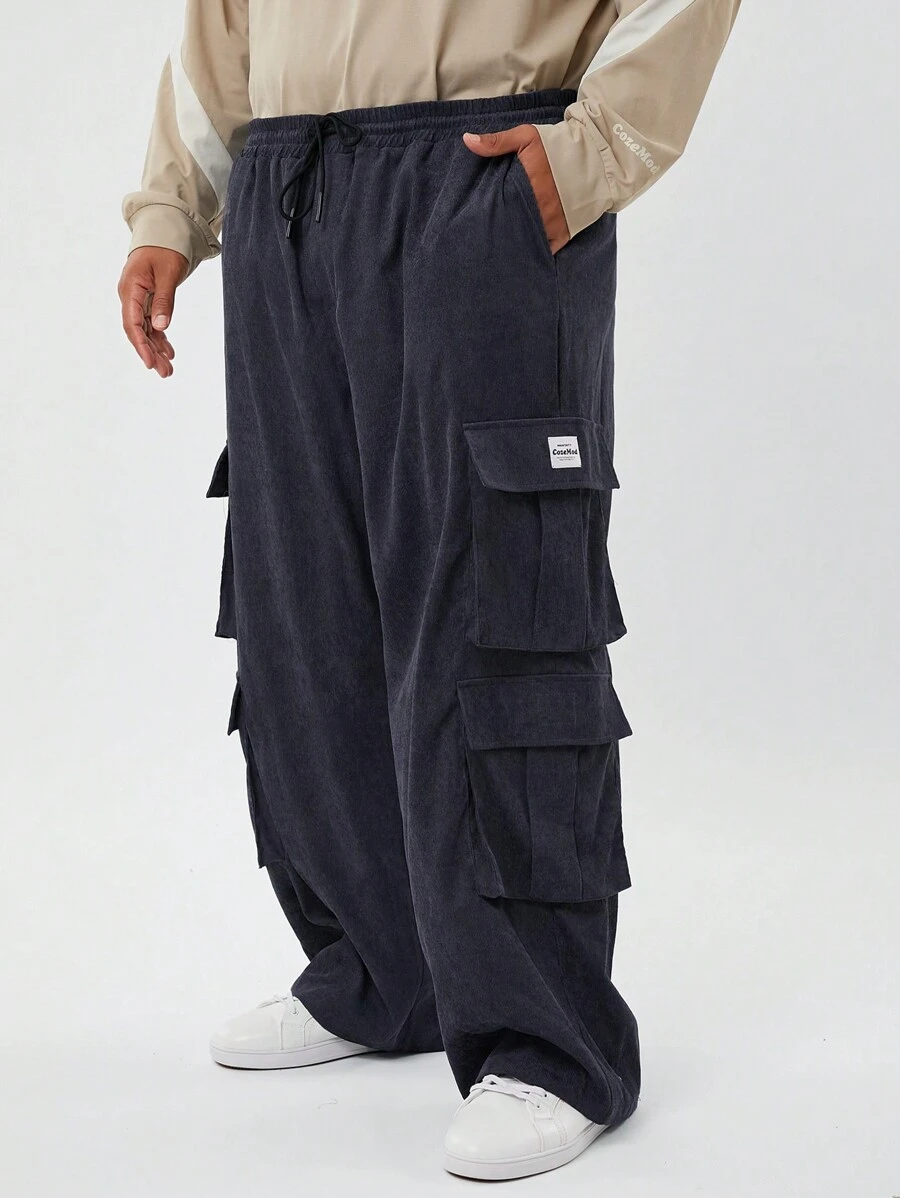 Manfinity NXTstreet Plus Size Men's Casual Corduroy Mid-Waist Drawstring Multi-Pocket Cargo Pants