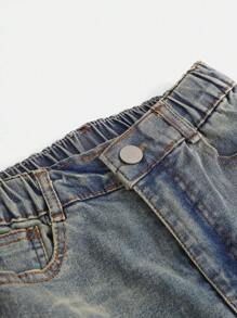 SHEIN Jeans acampanados con cintura elástica, lavado oscuro vintage bohemio urbano, con bolsillos planos, para niña preadolescente. Conjunto de vestimenta diaria