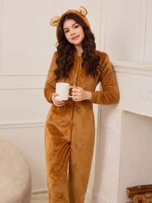 Pijama con capucha de manga larga en color marrón moca, ropa deportiva linda para mujer - Marrón Mocha - Ver 8