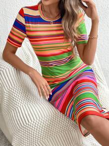 SHEIN LUNE Women Summer Casual Contrast Color Stripe Mini Dress - Multicolor - View 1