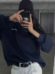 DAZY Women's Loose Solid Color Letter Printed Fleece Sweatshirt,Fall Clothes,Winter - Navy Blue - View 2