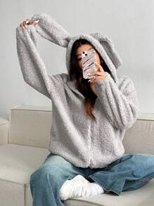 Flirla Plus Size Solid Color Long Sleeve Minimalist Hooded Jacket, Casual Everyday Wear - Grey - View 3