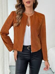 SHEIN Clasi Spring Autumn Casual Solid Color Front Zip Up Cropped Jacket, Women Fall Clothes - Khaki - View 4
