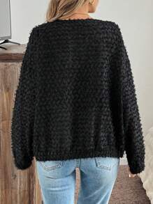 SHEIN LUNE Textured Cut-Out Pattern Casual Commute Fluffy Jacket For Women, Autumn/Winter Fall Clothes Women Holiday Outfits Business Casual Women Office Wear Women Business Casual Woman - Black - View 2