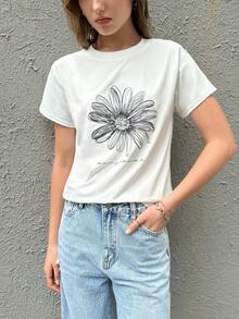 Women Floral Letter Printed Short Sleeve T-Shirt For Summer - White - View 8