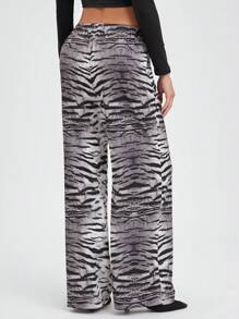 SHEIN EZwear 黑白虎纹腰贴宽松直筒裤，秋冬 - 黑與白 - 查看 2