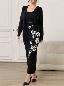 Modelyn 2pcs Women Floral Print Crew Neck Sleeveless Dress & Solid Color Long Sleeve Cardigan Sweater Set