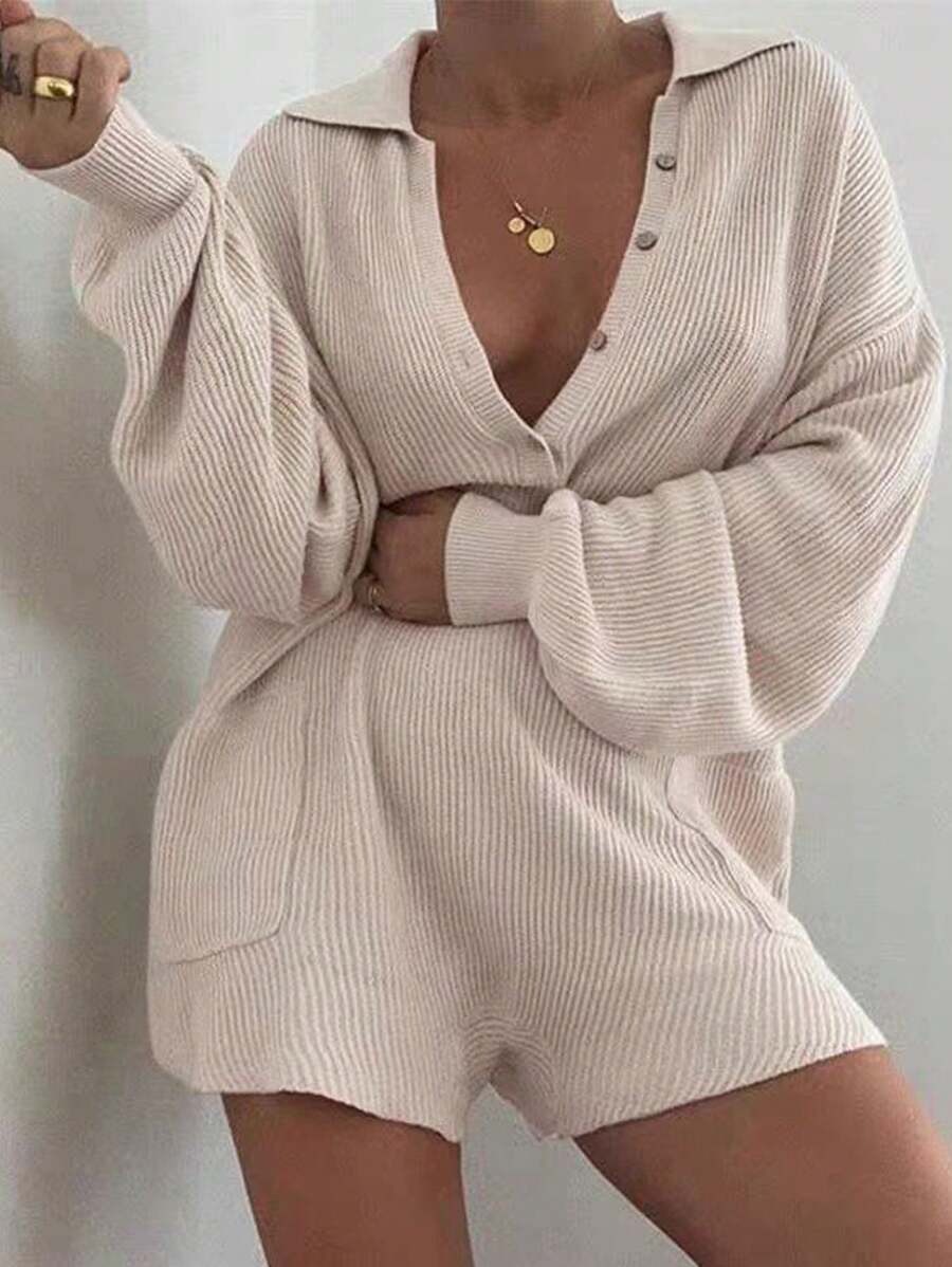 INAWLY Women Spring And Summer Solid Color Button Half Placket Drop Shoulder Sleeve Loose Casual Romper - Apricot - View 1