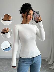 Chiquease 休闲撞色滚边修身毛衣，春秋季针织套头衫，秋冬季 - 白色 - 查看 1