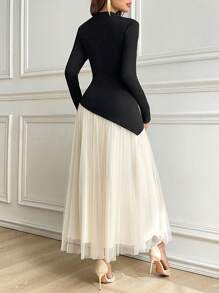 Modelyn Women's Asymmetric Neckline Long Sleeve Color Block Arabian Modest Dress Long Evening Dresses