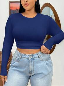 SHEIN EZwear Áo thun dệt kim gân xanh navy cỡ lớn ôm vừa vặn dành cho nữ - Xanh đậm - Xem 1