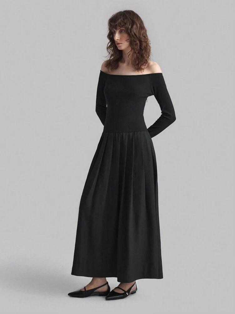 Black Color Block Off-Shoulder Long Sleeve Pleated Maxi Elegant Dress