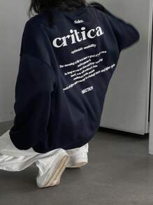 DAZY Women's Loose Solid Color Letter Printed Fleece Sweatshirt,Fall Clothes,Winter - Navy Blue - View 7