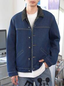 Claim Dot Chaqueta vaquera informal desgastada de tela vaquera oscura con forro térmico para hombre, apta para otoño e invierno, para vacaciones, regalo para el novio - Azul lavado oscuro - Ver 6