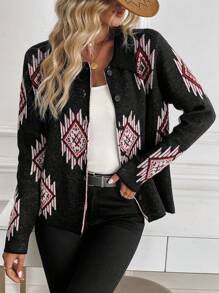 SHEIN LUNE Women's Jacquard Rhombus Pattern Casual Cardigan - Black - View 4