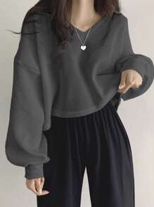 DAZY 女式纯色 V 领落肩长袖宽松休闲 T 恤，春秋装，秋季女装短款女式上衣