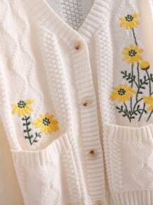 SHEIN Leap Crew Tween 女童休闲针织 V 领长袖刺绣开衫 - 杏色 - 查看 6