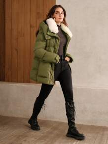Anewsta Damen einfarbiger gepolsterter Mantel mit Kapuze, winddicht und warm für den Outdoor-Winter - Olivgrün - Übersicht 5