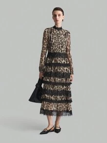 Ontre Vestido elegante de dama para cóctel de manga larga con mezcla de estampado de leopardo marrón y volantes de manga larga negra de gasa