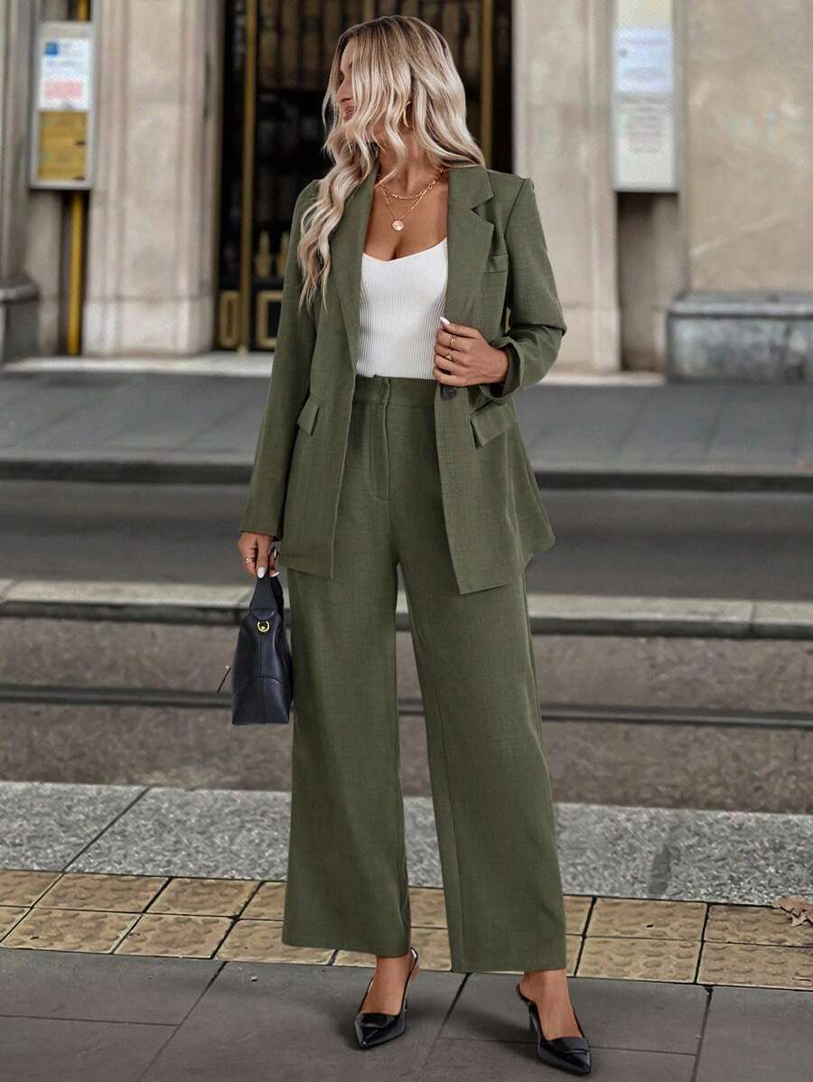 SHEIN LUNE Conjunto de traje para mujer: chaqueta y pantalones - Verde militar - Ver 1