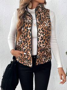 SHEIN VCAY Chaleco tipo jacket sin mangas con cierre de cremallera con estampado de print de leopardo