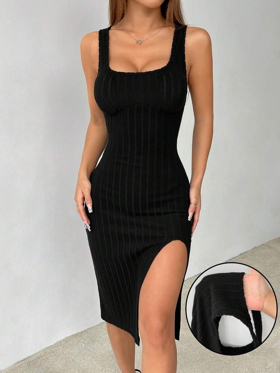 SHEIN PETITE Đầm du lịch đơn giản, giản dị, dây đeo rộng màu trơn - màu đen - Xem 1