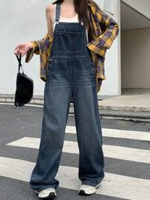 DAZY 女式纯色口袋休闲无袖牛仔连体裤 - 深色水洗藍 - 查看 6