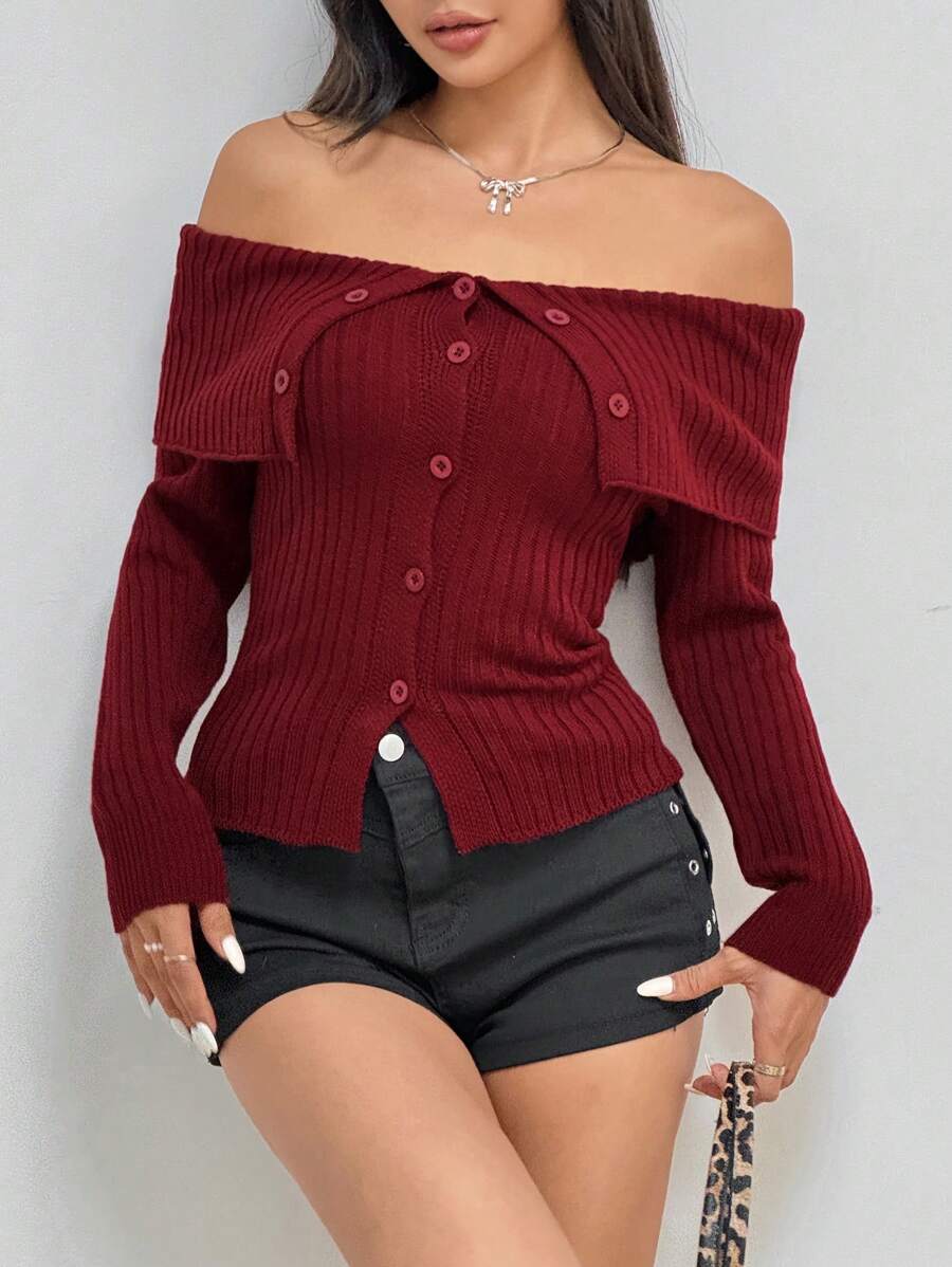 Flirla 女式露肩有领开衫 - 酒紅色 - 查看 1