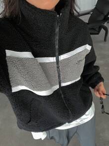 DAZY Chaqueta gruesa de mujer con forro polar, bordado de letras y contraste de colores, ropa de otoño