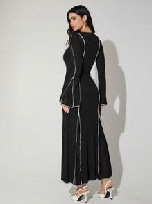 Modelyn Đầm dạ hội dài tay thanh lịch cổ chữ V phối màu cho nữ - Đen và trắng - Xem 2