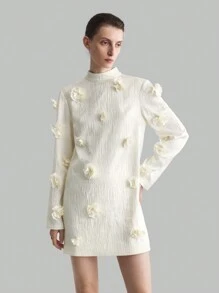 Ontre White 3D Floral High Neck Long Sleeve Elegant Dress