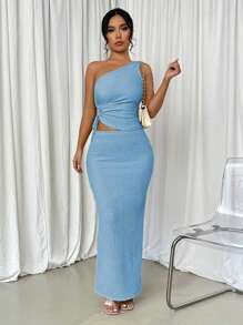 Selianne 2pcs/Set Casual One-Shoulder Cut-Out Drawstring Blouse And Mini Skirt - Blue - View 4