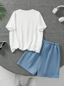 Tween 女童合身条纹针织短款上衣和紧身裤运动套装 - 黑色 - 查看 2