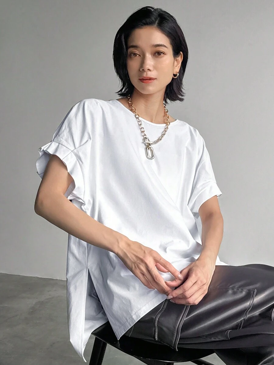 FRIFUL Women's Solid Color Scoop Neck Batwing Sleeve Casual T-Shirt, Summer - White - View 1