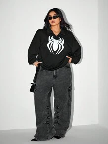 SHEIN ICON Plus Size damska bluza z nadrukiem pająka, kostium na Halloween