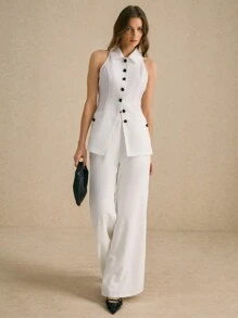 Poéselle Áo sơ mi nữ không tay đơn hàng khuy, hai túi, áo vest hở vai, quần áo thu đông, áo mọi mùa, Effortless Chic Essential, FW24 - trắng - Xem 3